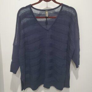 New Marla Waynne Navy Blue Boxy V Neck Tone on Tone 3/4 Sleeve Knit Sweater  M